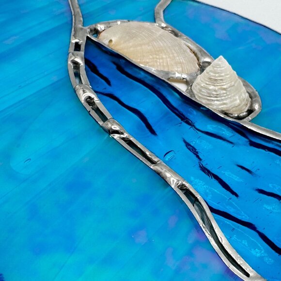 Stained Glass Blue Abstract Round Suncatcher Natural Shells Silver Accent Vtg - Picture 8 of 9